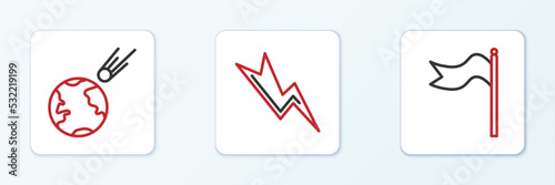 Set line Meteorology windsock wind vane, Comet falling down fast and Lightning bolt icon. Vector