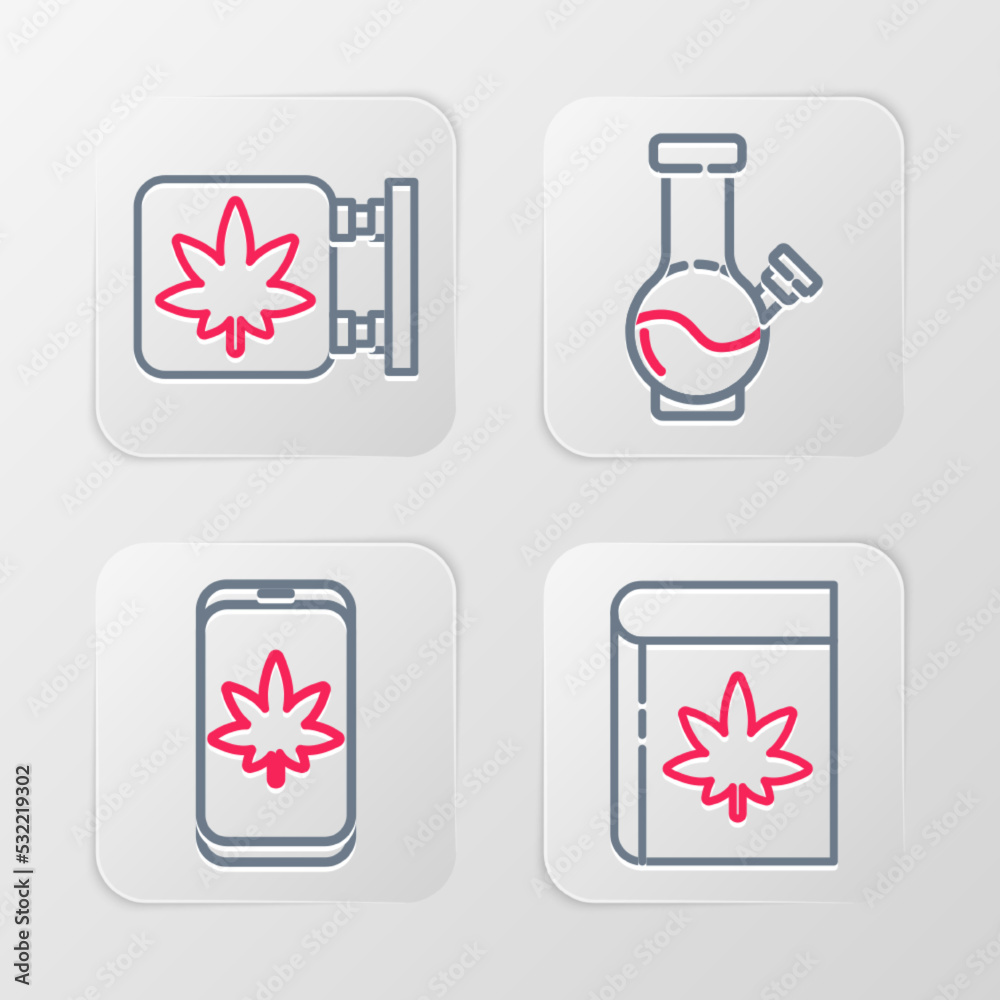 Set line Book and marijuana or cannabis, Mobile, Glass bong for smoking and Marijuana store icon. Vector Set line Book and marijuana or cannabis, Mobile, Glass bong for smoking and Marijuana store icon. Vector