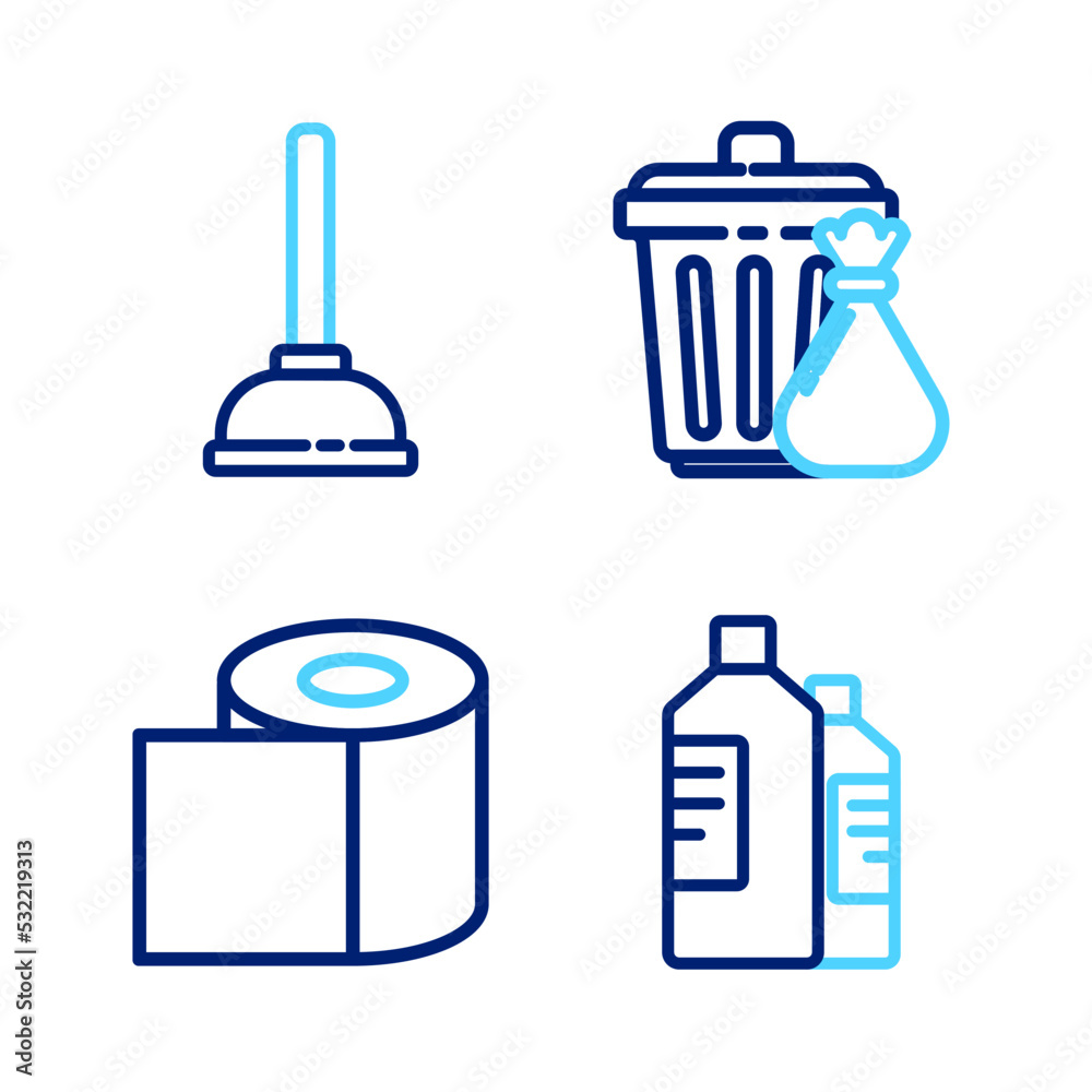 Set line Bottles for cleaning agent, Toilet paper roll, Trash can and garbage bag and Rubber plunger icon. Vector Set line Bottles for cleaning agent, Toilet paper roll, Trash can and garbage bag and Rubber plunger icon. Vector