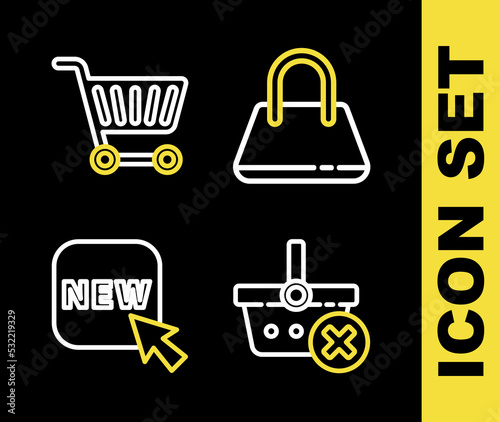 Set line Handbag, Remove shopping basket, Button with text New and Shopping cart icon. Vector