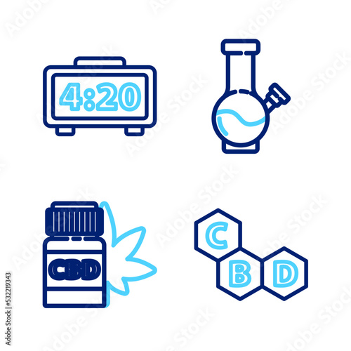 Set line Cannabis molecule, Medical bottle with marijuana, Glass bong for smoking and Digital alarm clock icon. Vector