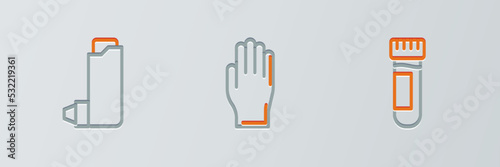 Set line Test tube with blood, Inhaler and Medical rubber gloves icon. Vector