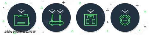 Set line Router and wi-fi signal, Smart bathroom scales, printer and Robot vacuum cleaner icon. Vector