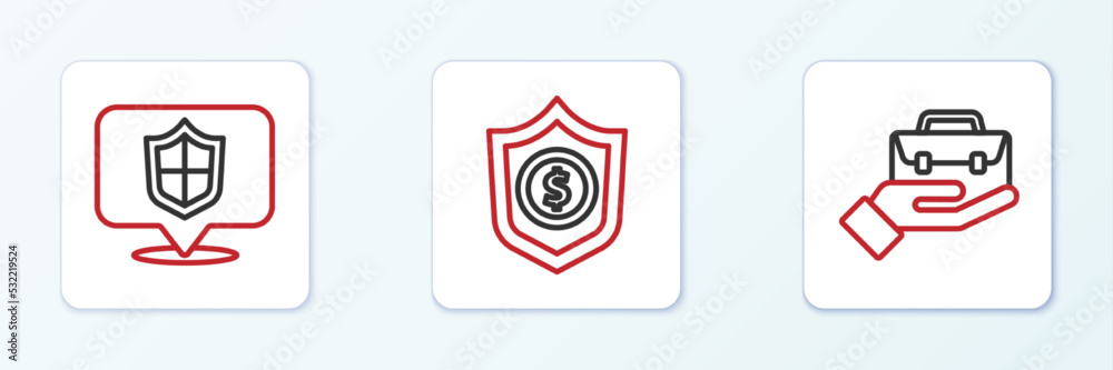 Set line Hand holding briefcase, Location shield and Shield with dollar icon. Vector Set line Hand holding briefcase, Location shield and Shield with dollar icon. Vector