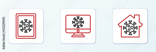 Set line Stay home, Virus statistics on monitor and icon. Vector