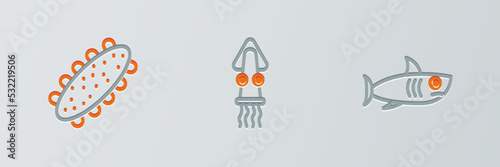 Set line Shark, Sea cucumber and Octopus icon. Vector
