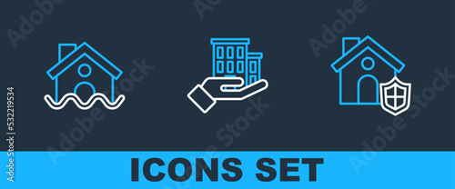 Set line House with shield, flood and insurance icon. Vector