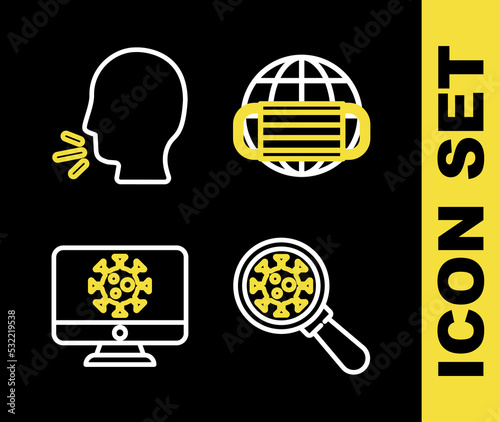 Set line Earth with medical mask, Virus under magnifying glass, statistics on monitor and Man coughing icon. Vector
