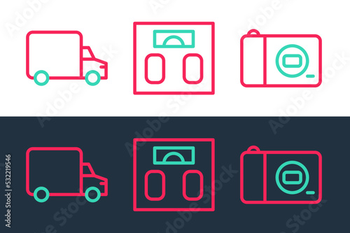Free Download Set line Photo camera, Delivery cargo truck and Bathroom scales icon. Vector - GFXLoad