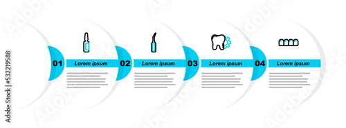Set line Dentures model, Tooth treatment procedure, Dental explorer scaler and Painkiller tablet icon. Vector