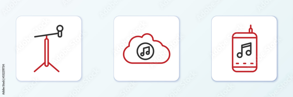 Set line Music player, Microphone with stand and streaming service icon. Vector Set line Music player, Microphone with stand and streaming service icon. Vector