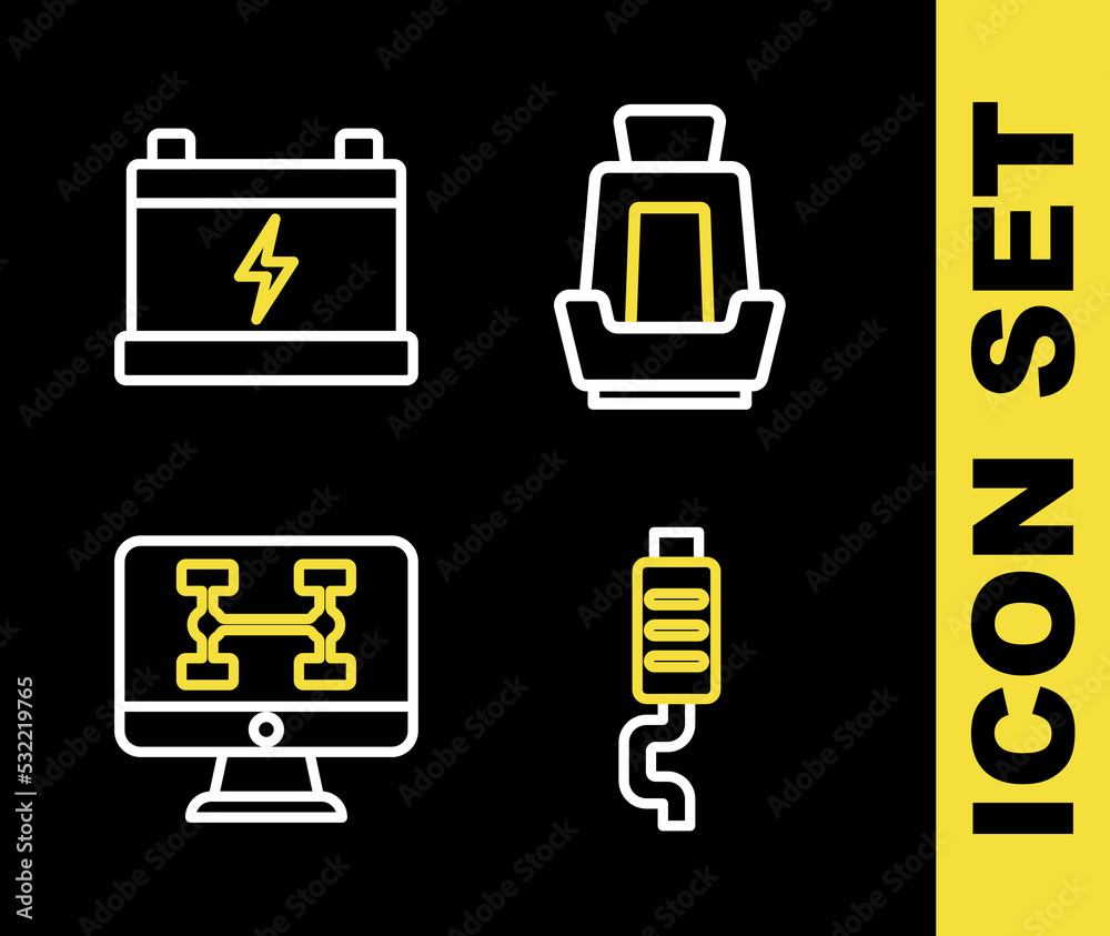 Set line Car seat, muffler, Diagnostics condition of car and battery icon. Vector Set line Car seat, muffler, Diagnostics condition of car and battery icon. Vector