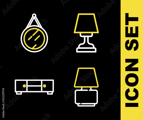 Set line Table lamp, Chest of drawers and Mirror icon. Vector