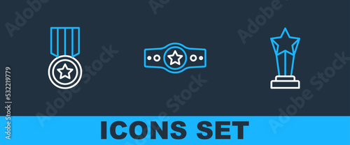 Set line Award cup, Medal and Boxing belt icon. Vector