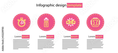 Set line Punch in boxing gloves, Boxing helmet, Fitness shaker and Stopwatch icon. Vector