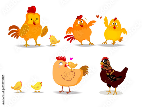 Set of chicken, rooster, hen icon character poultry farm animal vector illustration.