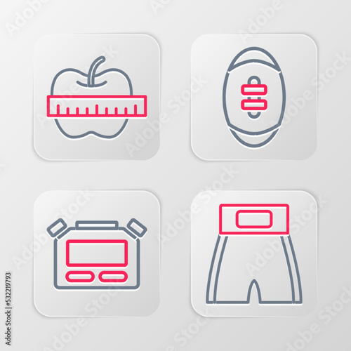 Set line Boxing short, Stopwatch, American Football ball and Apple and measuring tape icon. Vector