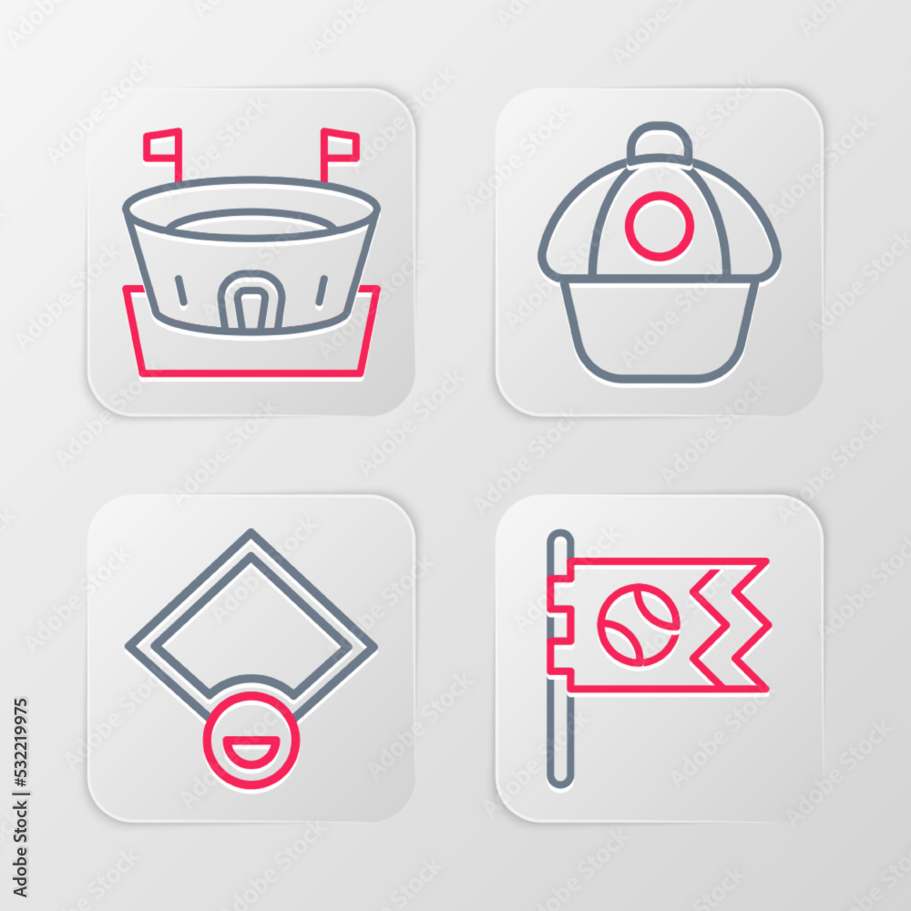 Set line Flag with baseball ball, Baseball field, cap and arena icon. Vector Set line Flag with baseball ball, Baseball field, cap and arena icon. Vector