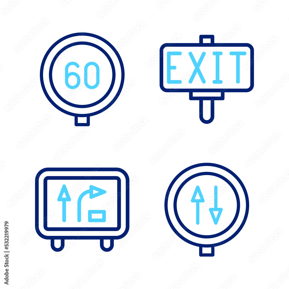 Set line Road warning two way traffic, sign, Fire exit and Speed limit icon. Vector Set line Road warning two way traffic, sign, Fire exit and Speed limit icon. Vector