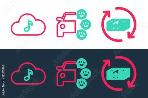 Set line Refund money, Music streaming service and Car sharing icon. Vector