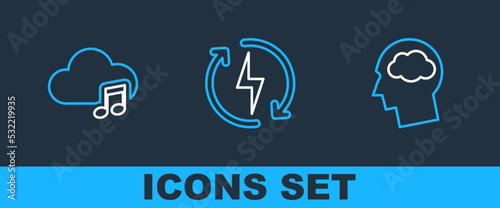 Set line Head silhouette with cloud, Music streaming service and Recharging icon. Vector