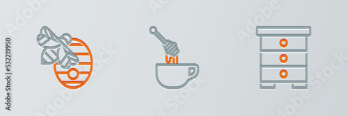 Set line Hive for bees, and Honey dipper stick with honey icon. Vector