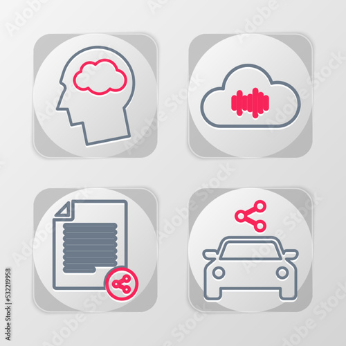 Set line Car sharing, Share file, Music streaming service and Head silhouette with cloud icon. Vector