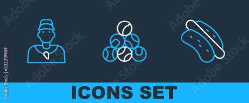 Set line Hotdog sandwich, Baseball coach and icon. Vector