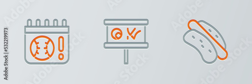Set line Hotdog sandwich, Calendar with baseball game and Planning strategy icon. Vector