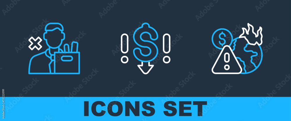 Set line Global economic crisis, Employee dismissal and Dollar rate decrease icon. Vector Set line Global economic crisis, Employee dismissal and Dollar rate decrease icon. Vector