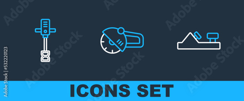 Set line Wood plane tool, Electrical hand concrete mixer and Angle grinder icon. Vector