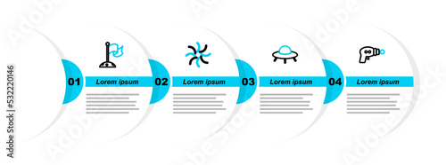 Set line Ray gun, UFO flying spaceship, Black hole and Moon with flag icon. Vector