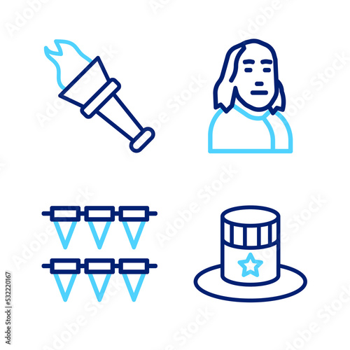 Set line Patriotic American top hat, Carnival garland with flags, Benjamin Franklin and Torch flame icon. Vector