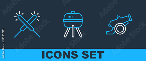 Set line Cannon, Sparkler firework and Barbecue grill icon. Vector