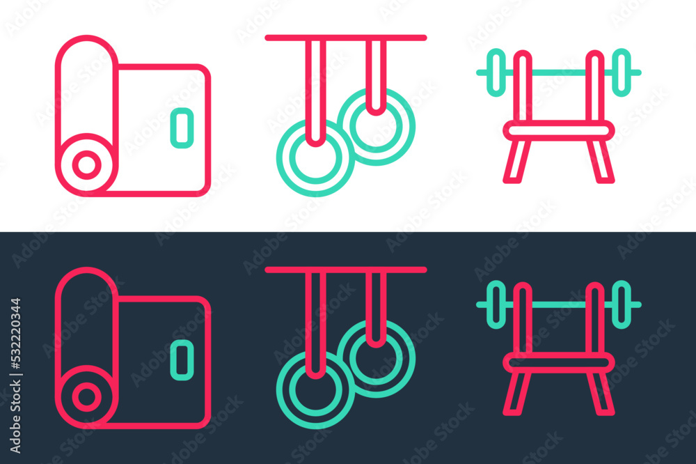Set line Bench with barbell, Fitness mat roll and Gymnastic rings icon. Vector Set line Bench with barbell, Fitness mat roll and Gymnastic rings icon. Vector