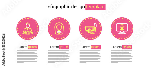 Set line Diving mask with snorkel, Scallop sea shell, Life jacket and Wetsuit for scuba diving icon. Vector