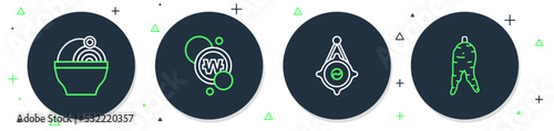 Set line South Korean won coin, lantern, Ramen and Ginseng root icon. Vector