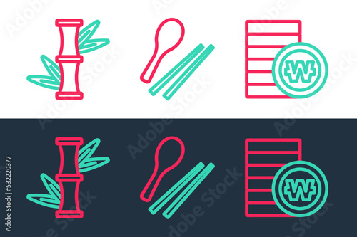 Set line South Korean won coin, Bamboo and Food chopsticks icon. Vector