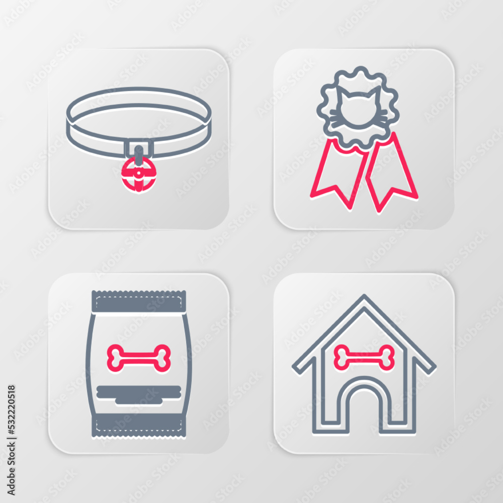 Set line Dog house and bone, Bag of food for pet, Cat award symbol and Collar with name tag icon. Vector