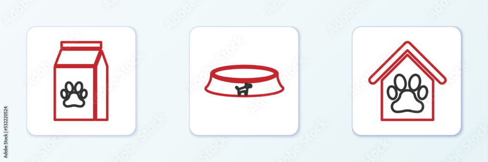 Set line Dog house and paw print pet, Bag of food for and Pet bowl icon. Vector Set line Dog house and paw print pet, Bag of food for and Pet bowl icon. Vector