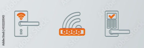 Set line Digital door lock with wireless, and Wifi locked icon. Vector