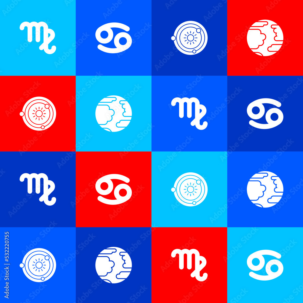 Set Virgo zodiac, Cancer, Solar system and Planet Mercury icon. Vector