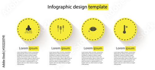 Set Runny nose, Wheat, Reddish eye allergic conjunctivitis and Medical digital thermometer. Business infographic template. Vector