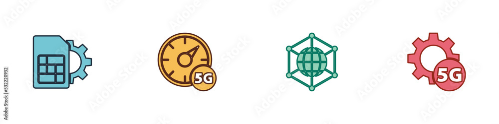 Set Sim card setting, Digital speed meter 5G, Social network and Setting icon. Vector Set Sim card setting, Digital speed meter 5G, Social network and Setting icon. Vector
