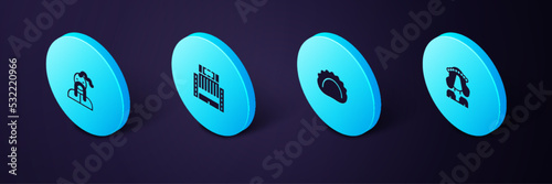 Set Isometric Ukrainian woman, Dumplings, Hotel Ukraina building and cossack icon. Vector