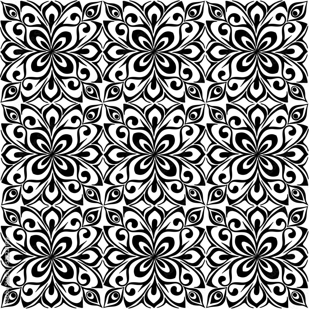 seamless graphic pattern, floral black ornament tile on white background, texture, design
