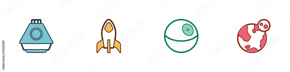 Set Space capsule, Rocket ship, Planet and Earth globe icon. Vector Set Space capsule, Rocket ship, Planet and Earth globe icon. Vector