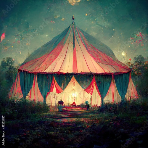 3D rendering of a circus tent in the carnival with joyful vibes during the night