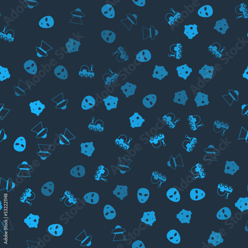 Set Alien, Mars rover, Asteroid and UFO flying spaceship on seamless pattern. Vector