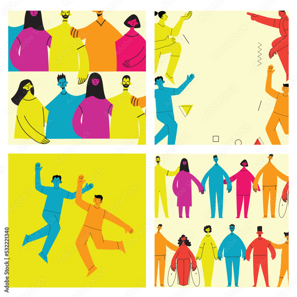 Young men and women with abstract geometric shapes. Team building and teamwork concept. Business partnership, cooperation and communication. Modern flat cartoon style. Young men and women with abstract geometric shapes. Team building and teamwork concept. Business partnership, cooperation and communication. Modern flat cartoon style.